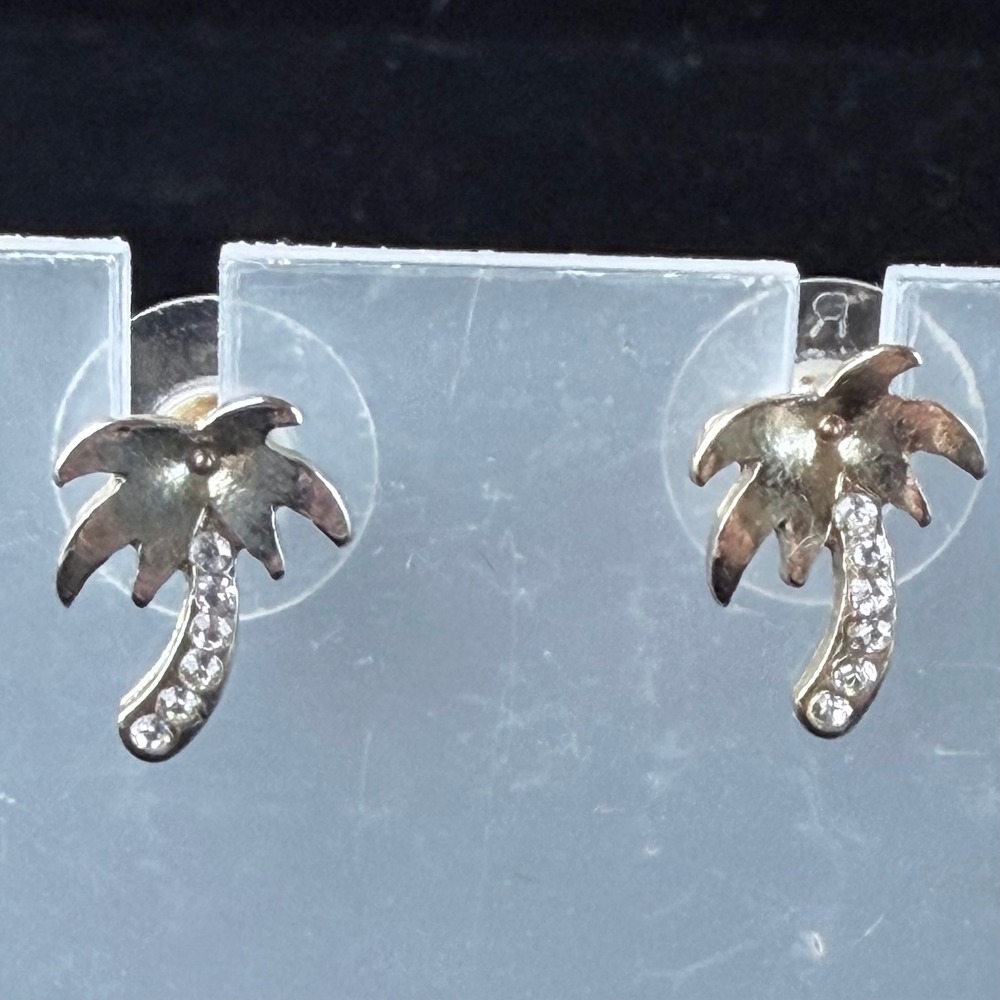 Gold Tone Palm Tree Stud Earrings with Crystal Accents‎ Tropical Beach Jewelry